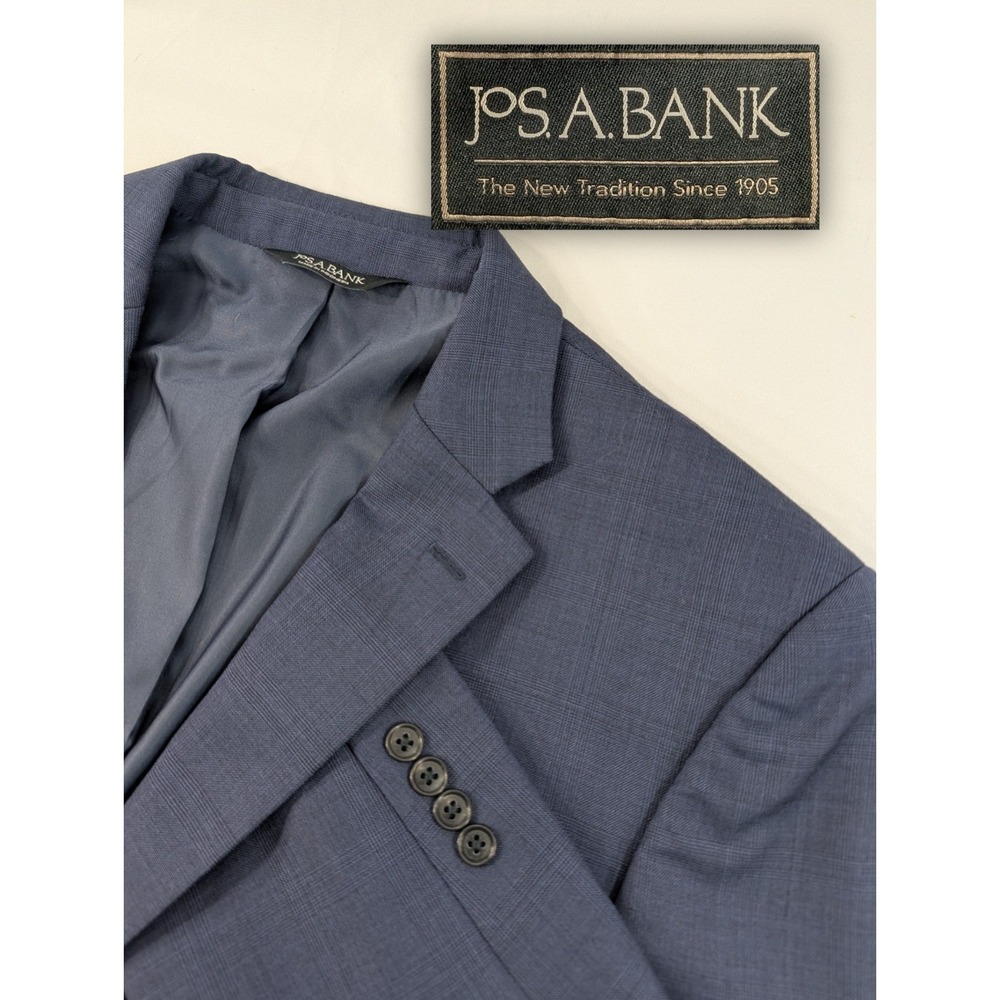 Jos A Bank Tailored Fit Men 46L Blue Subtle Plaid Wool Blazer Jacket Sport Coat
